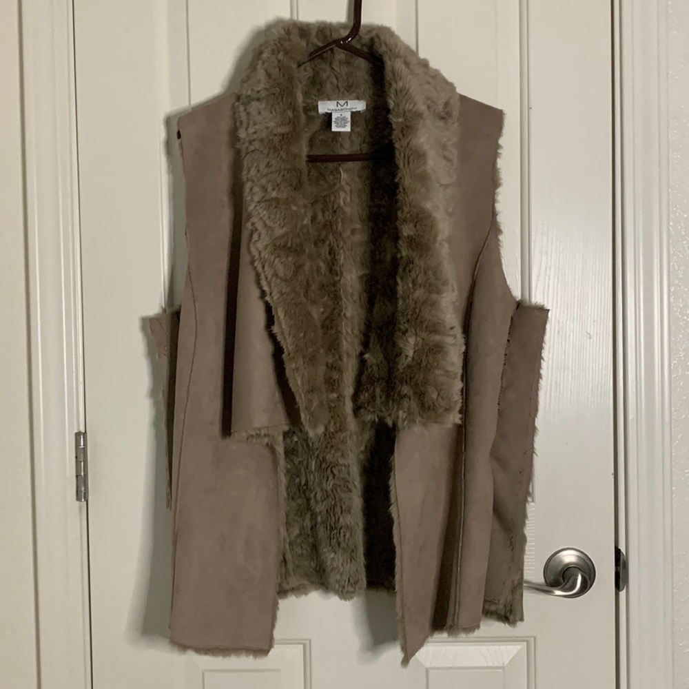 Magaschoni Faux Fur Shearling Open Vest Western cowboy tribal jacket Brown Small